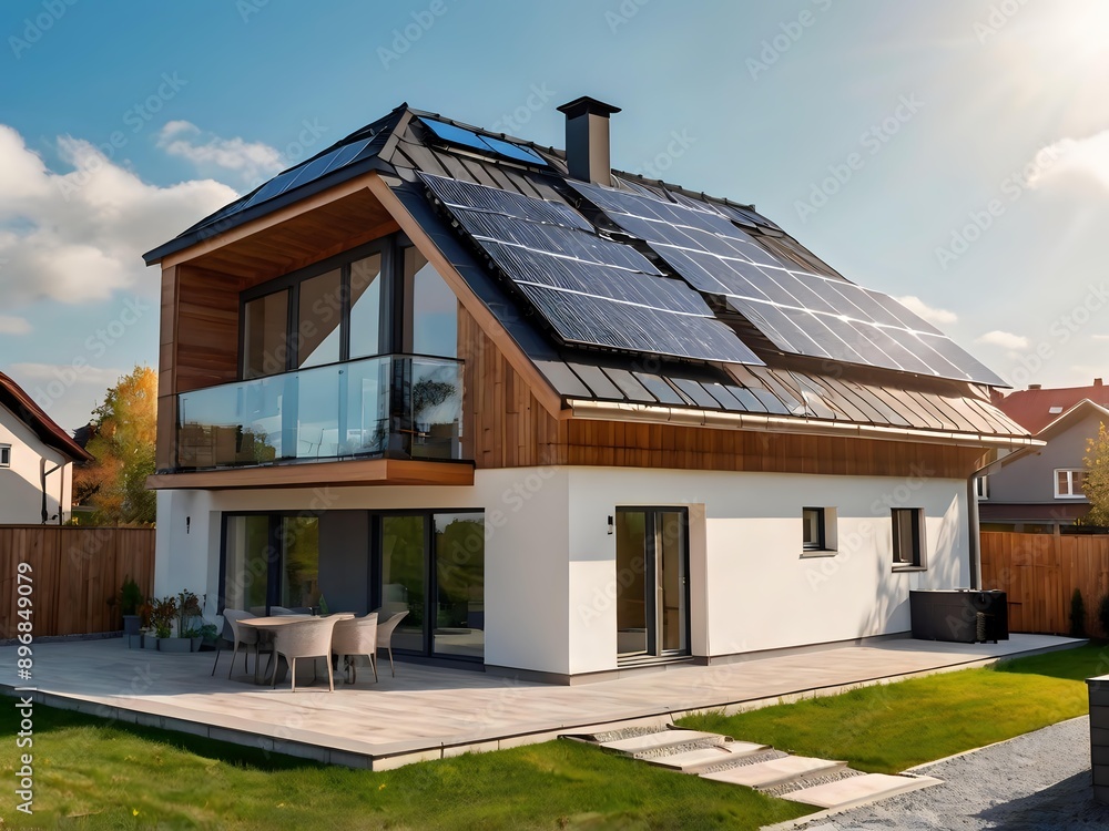 Close-up of a new suburban house with a photovoltaic system on the roof. Simple and modern environmentally friendly house with solar panels on the gable roof, with sunlight during the day Close-up of a new suburban house with a photovoltaic system on the roof. Simple and modern environmentally friendly house with solar panels on the gable roof, with sunlight during the day