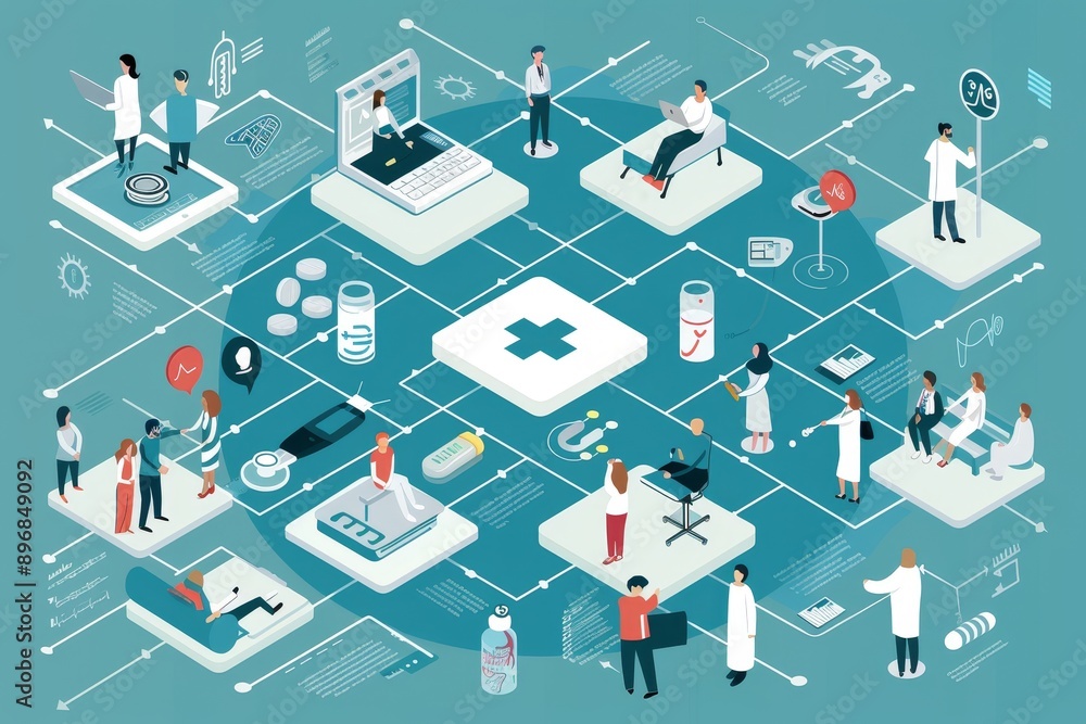 A circle of people surrounded by medical equipment, Illustrate the relationship between patient and healthcare provider A circle of people surrounded by medical equipment, Illustrate the relationship between patient and healthcare provider