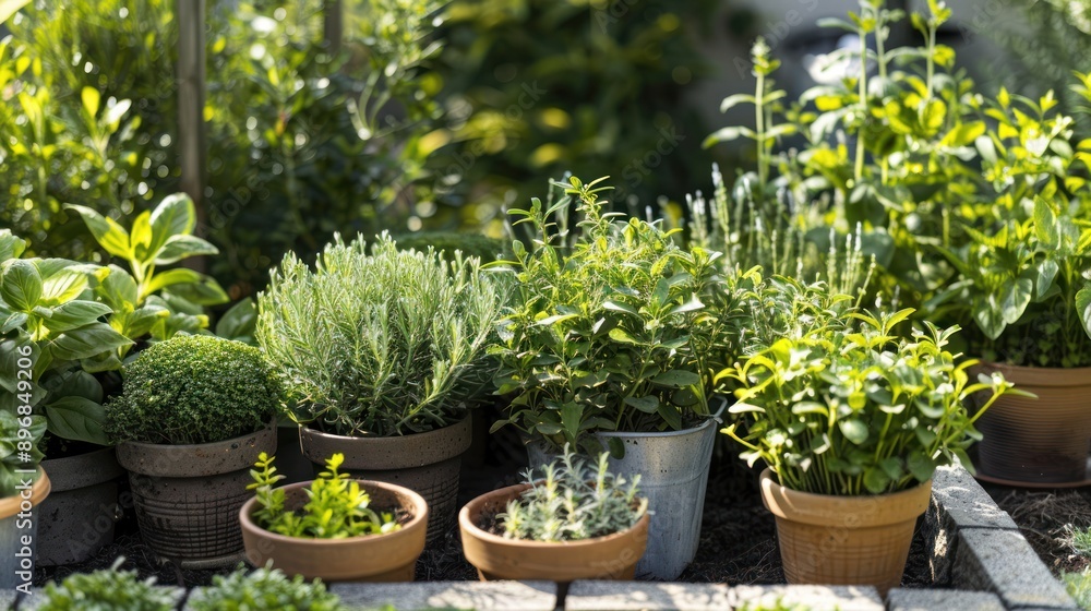 A row of potted herbs in a garden A row of potted herbs in a garden