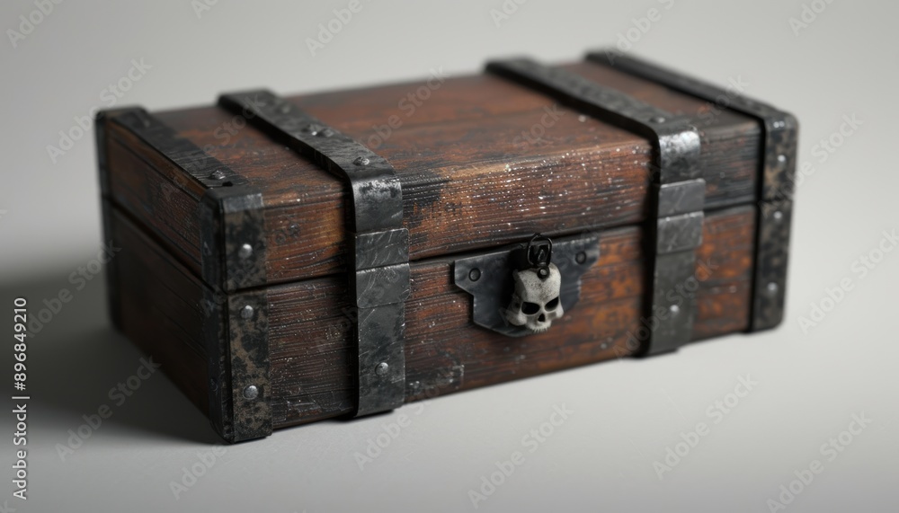 A weathered wooden box with metal accents and a skull-shaped clasp. A weathered wooden box with metal accents and a skull-shaped clasp.