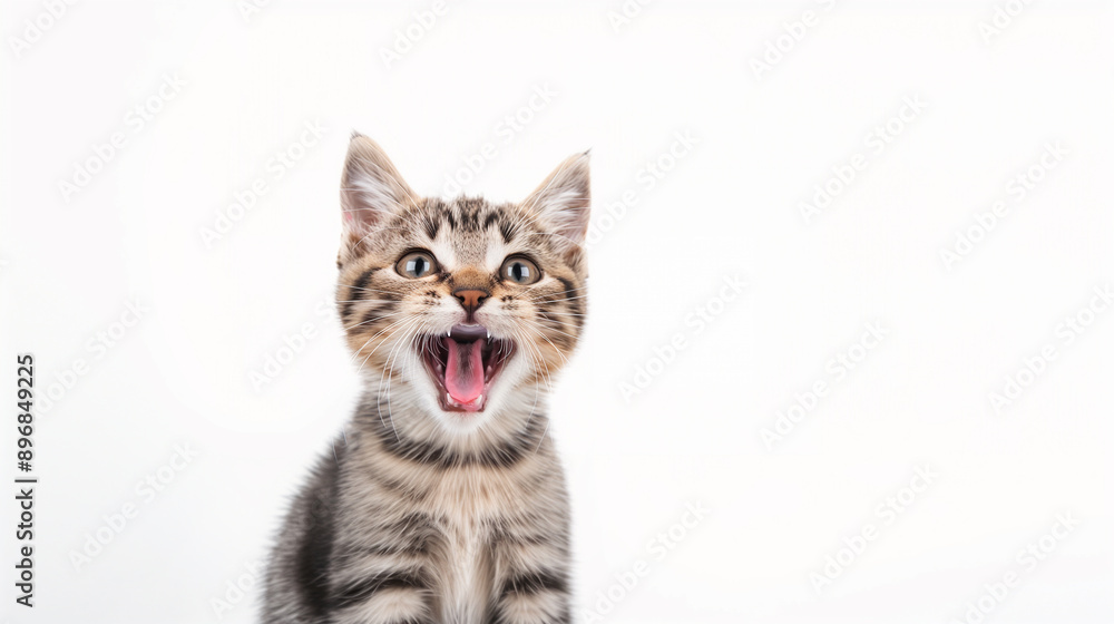 Fototapeta premium Adorable kitten with an open mouth, looking like it's meowing loudly, isolated on white background.