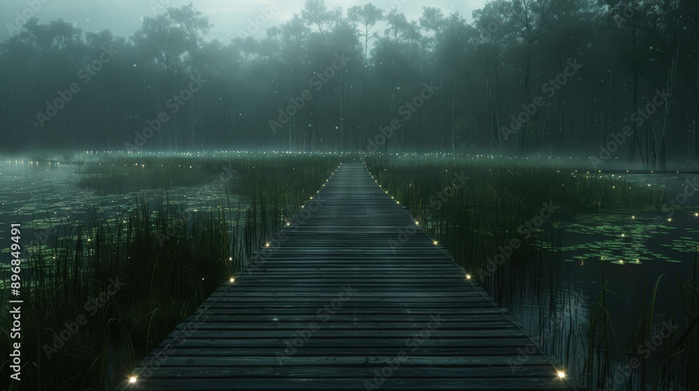 A wooden dock extends into a misty swamp, surrounded by lush vegetation and a rain-soaked forest.