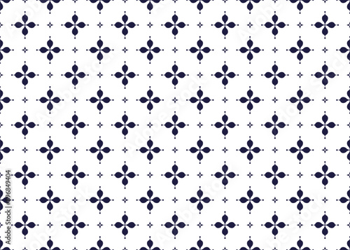 dark blue symbol floral on White background, ethnic fabric seamless pattern design for cloth, carpet, batik, wallpaper, wrapping etc.