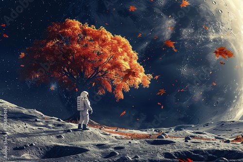 Astronaut Standing Before Autumn Tree on Moon with Starry Sky and Planets, Cinematic and Hyper Realistic Minimalist Illustration in Dark Colors, Beautiful and Good Vibes