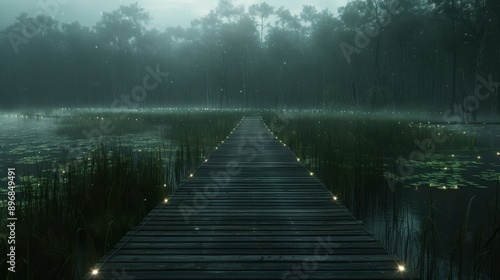 A wooden dock extends into a misty swamp, surrounded by lush vegetation and a rain-soaked forest.