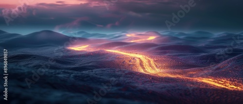 Aerial view of a winding road through a mountain range at sunset.