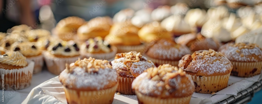 Assortment of freshly baked muffins with various toppings. Assortment of freshly baked muffins with various toppings.