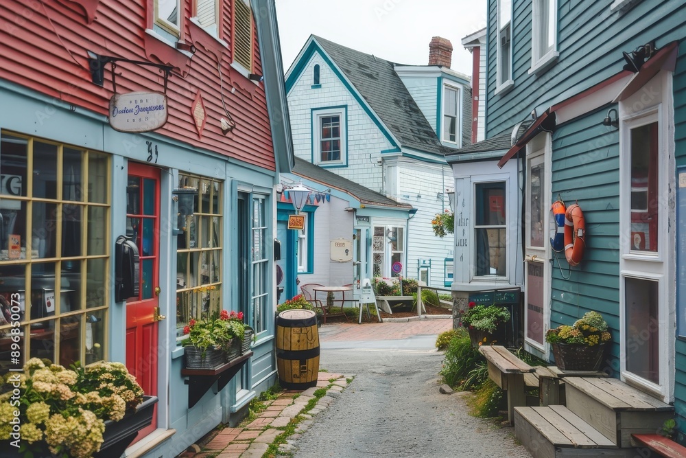 A street in Cape Breton, Nova Scotia, lined with vibrant houses showcasing a unique charm, Exploring a charming coastal town