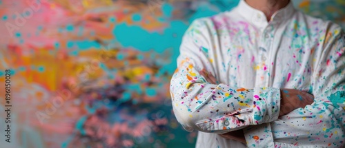 Wallpaper Mural Artist with paint splattered shirt, standing against a colorful background. Torontodigital.ca