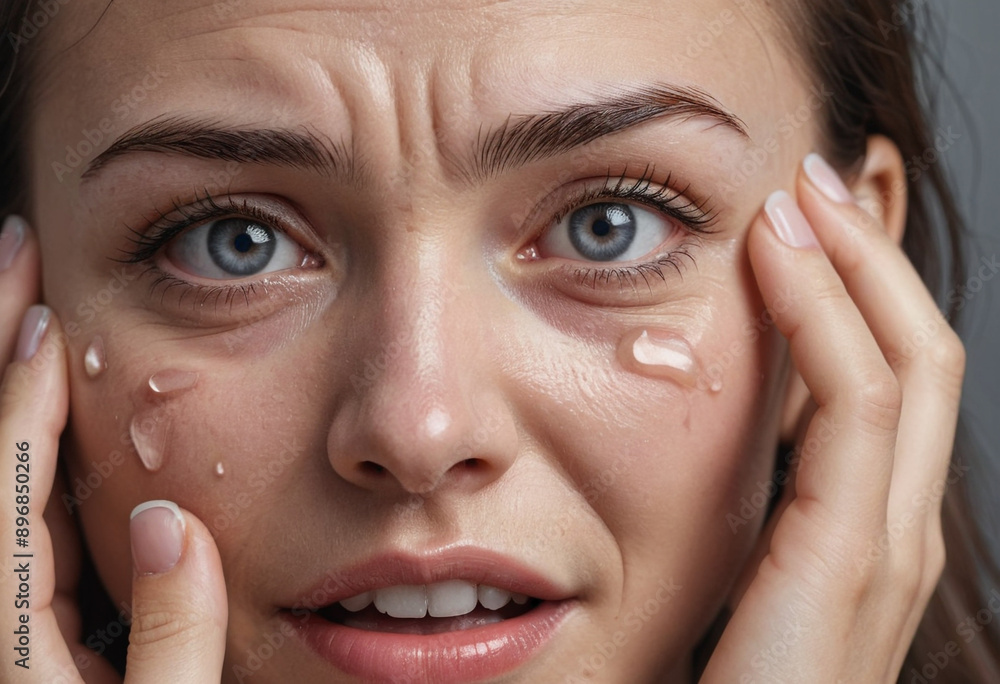 A close-up of a person crying tears of joy. A close-up of a person crying tears of joy.