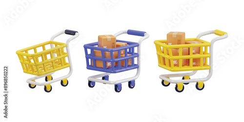Shopping trolley with cardboard boxes icon set 3d rendering vector illustration