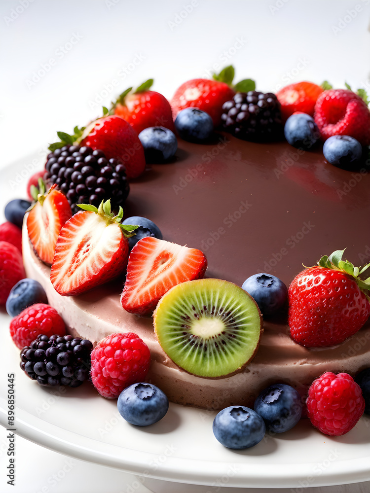 Obraz premium Chocolate sponge cake with colorful berries 