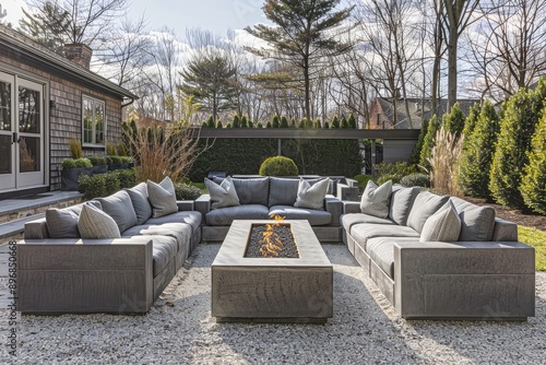 Contemporary outdoor seating area with sleek grey sofas and an urban fire pit, surrounded by lush green hedges in a New England backyard, featuring a winter color palette and natural light.