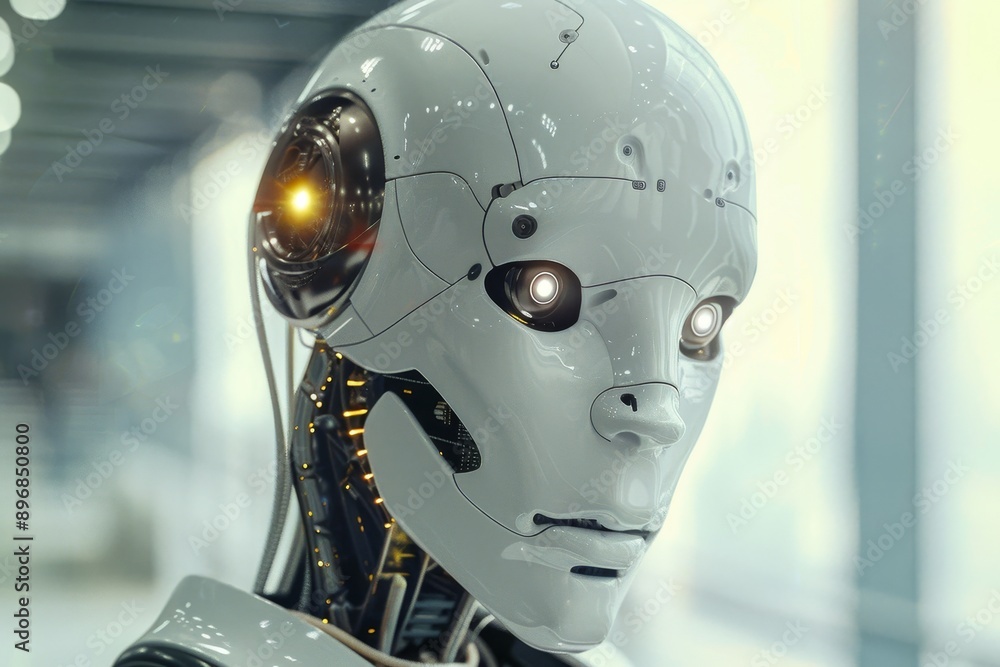 A detailed view of a white robot with illuminated eyes, Exploring the connection between artificial intelligence and cybersecurity A detailed view of a white robot with illuminated eyes, Exploring the connection between artificial intelligence and cybersecurity