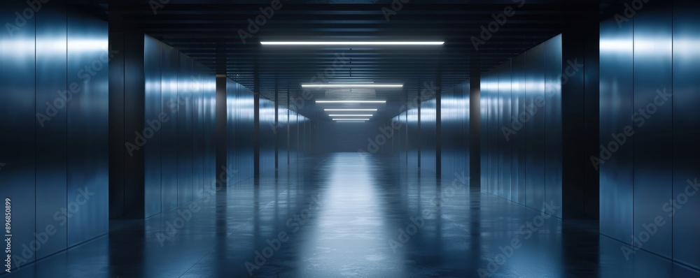 Empty, dark corridor with glowing lights at the end. Empty, dark corridor with glowing lights at the end.