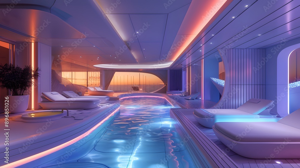 Fototapeta premium Modern Luxury Indoor Pool with Sunset View