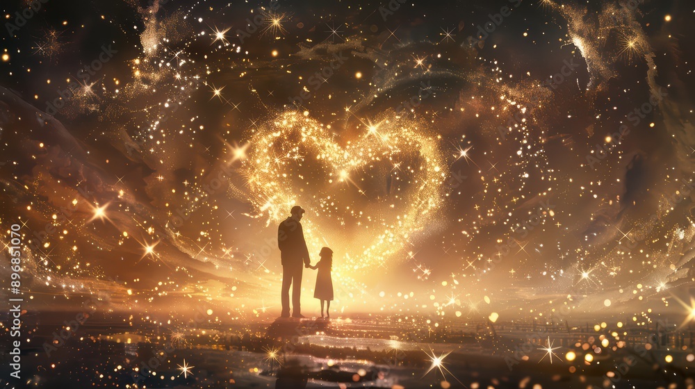 Modify the existing celestial themed image by adding a small child to the scene inside the heart made of stars Modify the existing celestial themed image by adding a small child to the scene inside the heart made of stars