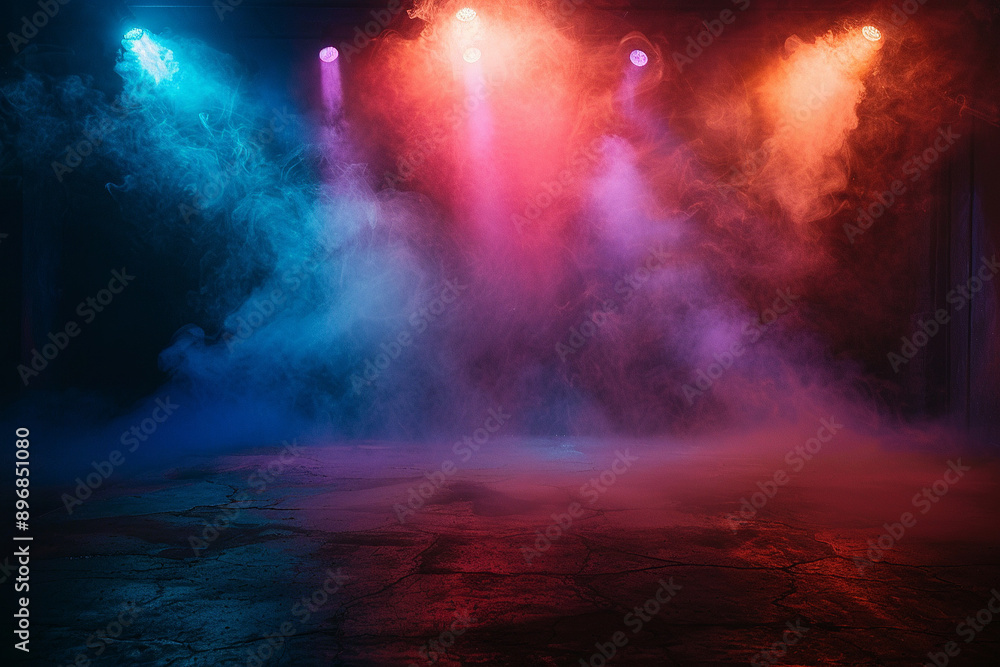 Abstract dark background, illuminated with colorful spotlights. The concrete floor is shrouded in smoke and fog Abstract dark background, illuminated with colorful spotlights. The concrete floor is shrouded in smoke and fog