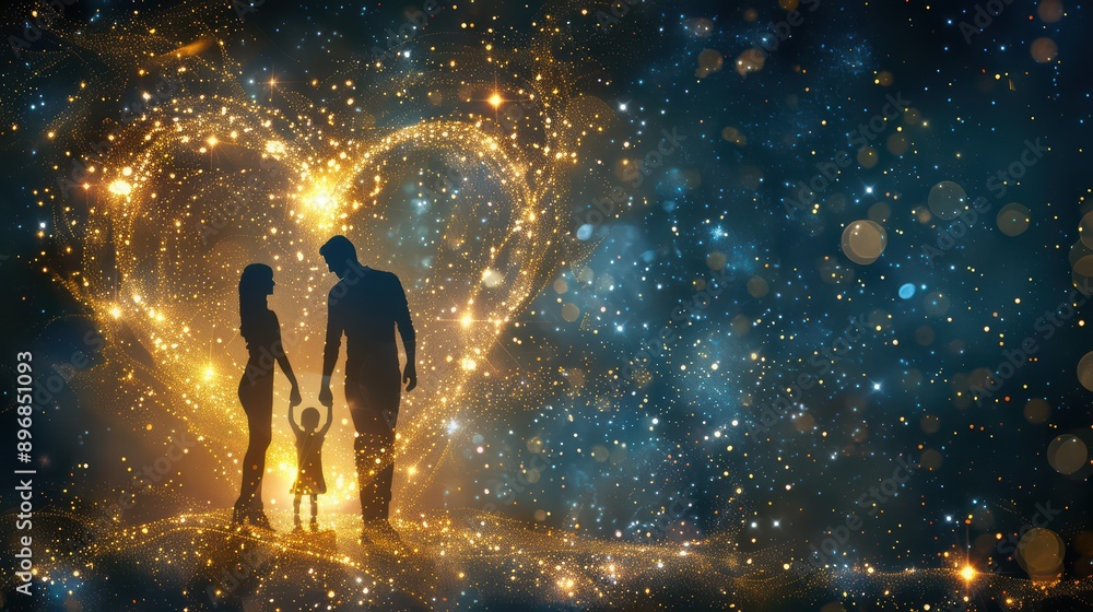 Modify the existing celestial themed image by adding a small child to the scene inside the heart made of stars Modify the existing celestial themed image by adding a small child to the scene inside the heart made of stars