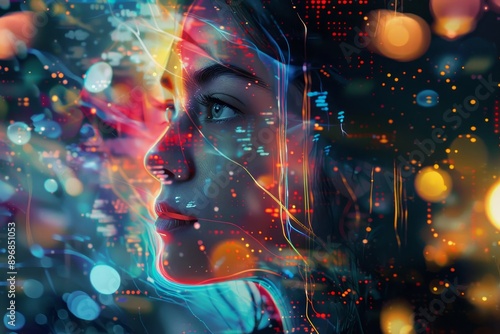 A womans face is illuminated by colorful lights in the background, Exploring the fusion of human and artificial intelligence