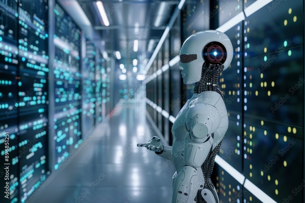 A robot is seen standing amidst the servers in a busy data center, Exploring the role of artificial intelligence in enhancing data security practices A robot is seen standing amidst the servers in a busy data center, Exploring the role of artificial intelligence in enhancing data security practices