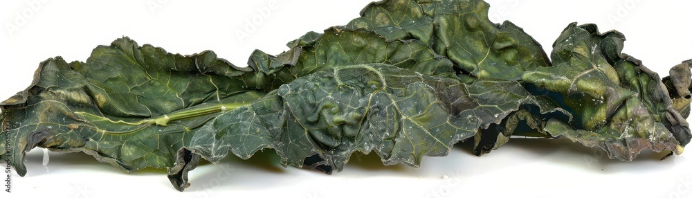 Fototapeta premium Dried kale leaf, showcasing rich textures and dark green hues, ideal for health food and culinary themes in photography.