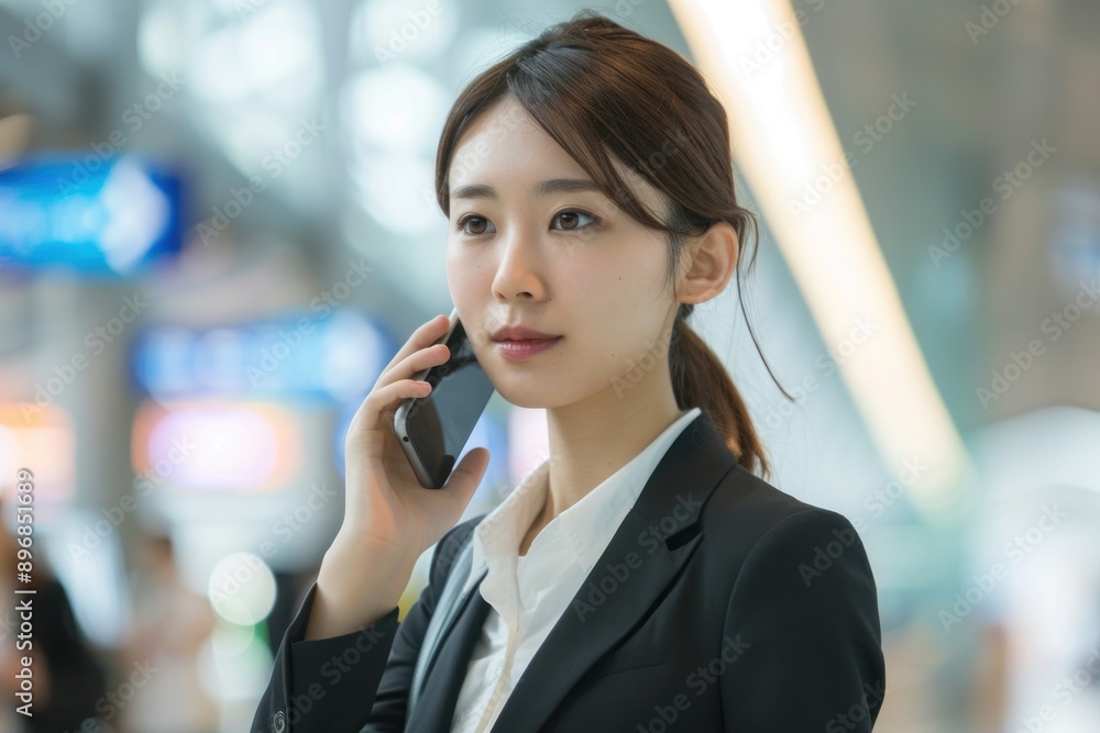 Close-up of a businesswoman making a phone call while walking through an airport, ready for a business trip, professional and focused, Portrait half-body, hyper-realistic, high detail, Close-up of a businesswoman making a phone call while walking through an airport, ready for a business trip, professional and focused, Portrait half-body, hyper-realistic, high detail,