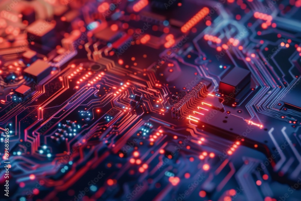 Red and Blue Illuminated Circuit Board. Red and Blue Illuminated Circuit Board.