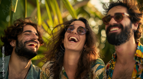  Three joyful friends laughing and enjoying a sunny day outdoors, featuring a curly-haired girl in sunglasses and men with short beards, against a green natural background with a bokeh effect, perfect