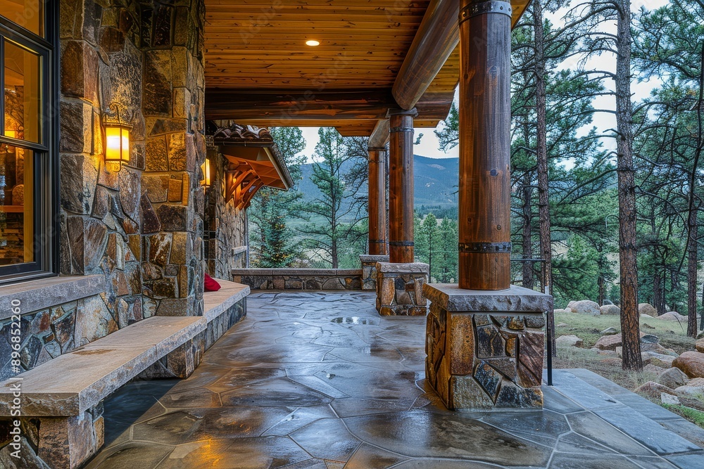 Covered porch with stone columns and wooden beams, overlooking Colorado forest, featuring bench, concrete flooring, and built-in fire pit. Covered porch with stone columns and wooden beams, overlooking Colorado forest, featuring bench, concrete flooring, and built-in fire pit.