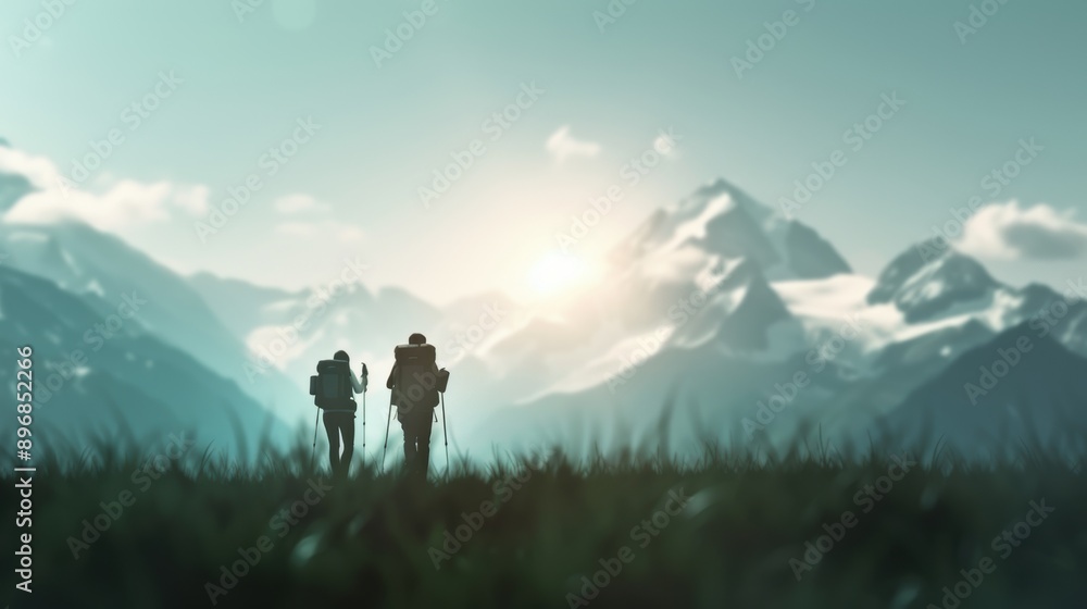 Fototapeta premium Silhouettes of two hikers stand in a field, gazing at majestic snow-capped mountains against a vibrant sunrise.