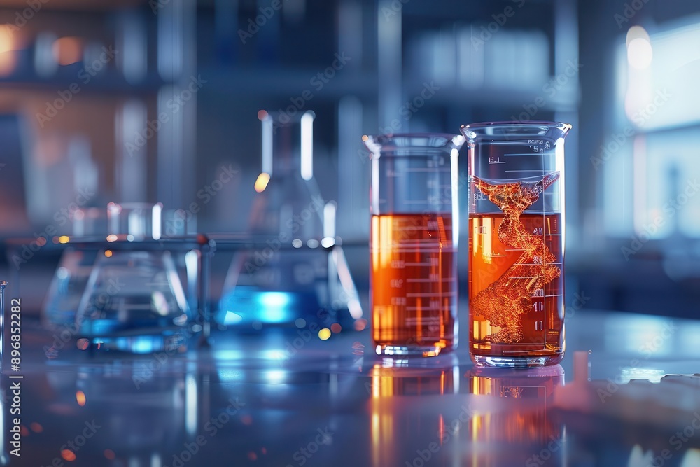 Close-up of lab equipment featuring beakers with bubbling reactions and safety goggles detailed shot. Science laboratory. Close-up of lab equipment featuring beakers with bubbling reactions and safety goggles detailed shot. Science laboratory.