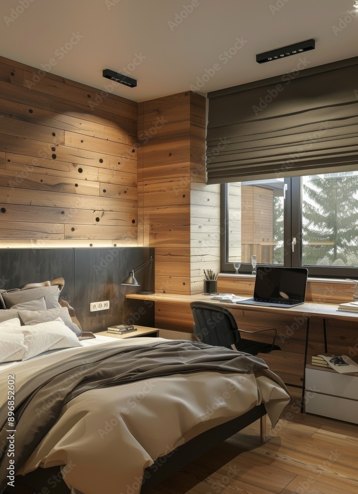 Interior of modern bedroom. Wooden wall. Interior of modern bedroom. Wooden wall.