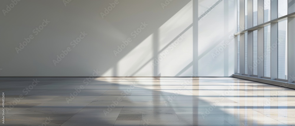 Sunlight streams through large windows, casting shadows on a polished concrete floor. Sunlight streams through large windows, casting shadows on a polished concrete floor.