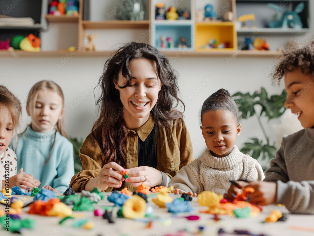 A smiling woman and children engaged in crafting with colorful clay on a table, in a playful and creative indoor setting. Generative AI A smiling woman and children engaged in crafting with colorful clay on a table, in a playful and creative indoor setting. Generative AI