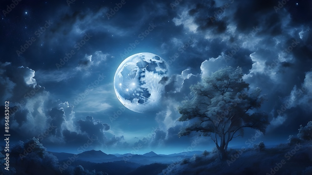 Beautiful, enchanted blue night sky with a full moon, stars, and clouds Beautiful, enchanted blue night sky with a full moon, stars, and clouds