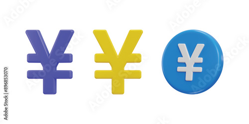 Yen symbol and coin icon set 3d rendering vector illustration