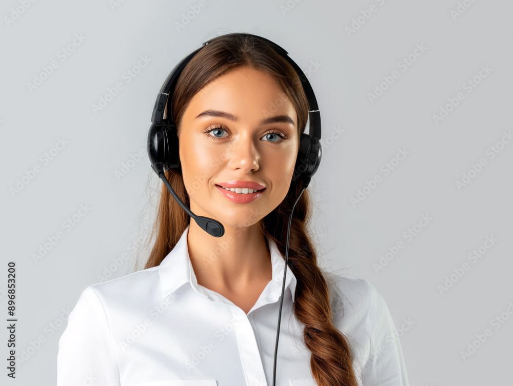 Professional woman with a headset against a plain background, symbolizing customer support. Generative AI