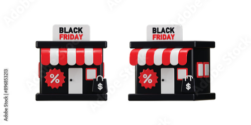 black friday store on a selling offer promotion tag with shopping bag icon 3d rendering vector illustration