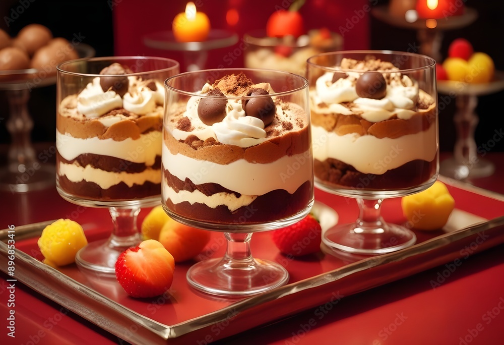 desserts showcasing a tiramisu, chocolate truffles, and fruit parfaits desserts showcasing a tiramisu, chocolate truffles, and fruit parfaits