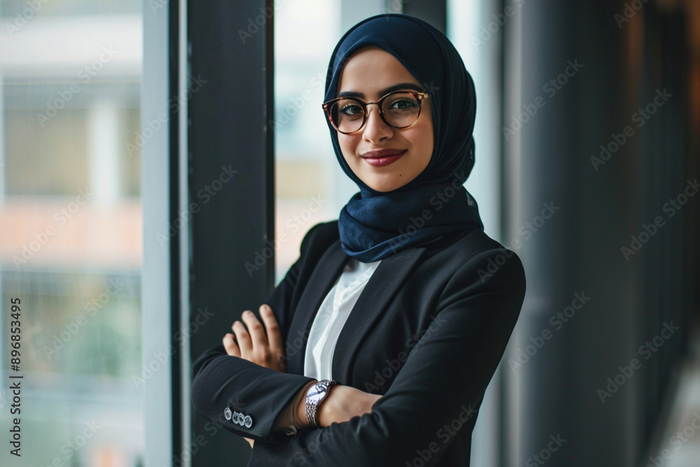 Standing in the office, smiling, looking at the camera crossed her arms. Digital Entrepreneur Works on e-Commerce. Successful portrait of young confident Arabic Muslim business woman in hijab. Standing in the office, smiling, looking at the camera crossed her arms. Digital Entrepreneur Works on e-Commerce. Successful portrait of young confident Arabic Muslim business woman in hijab.
