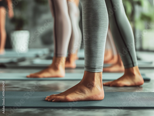 Close-up of people's legs in yoga class, focus on feet and mats, blurred background, wellness concept. Generative AI