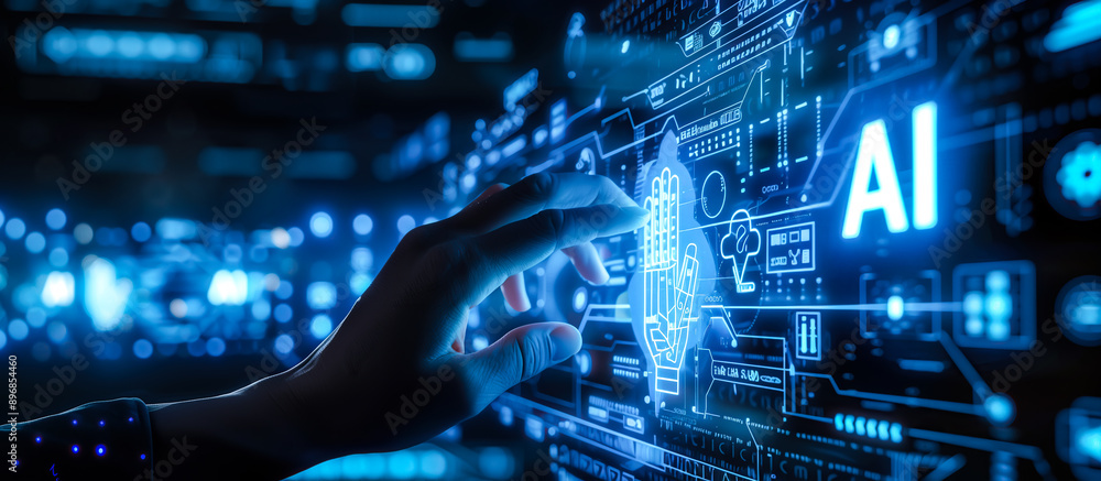 A hand of businessman points at the AI digital data structure. The concept of integrating artificial intelligence with business strategies. Generative AI. A hand of businessman points at the AI digital data structure. The concept of integrating artificial intelligence with business strategies. Generative AI.