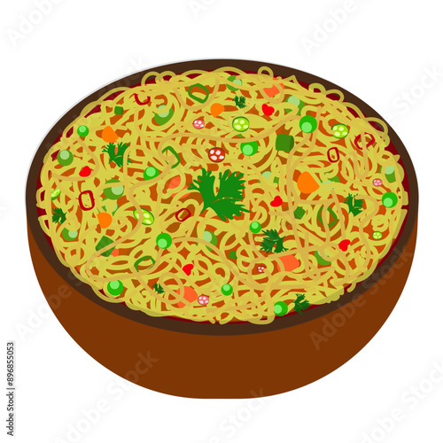 A bowl of hot spicy tangy soupy vegetable maggie illustration, colorful maggie, tangy soupy maggie, Indian style Maggie vector illustration, atta Maggie, Maggie lover, junk food, favourite maggie