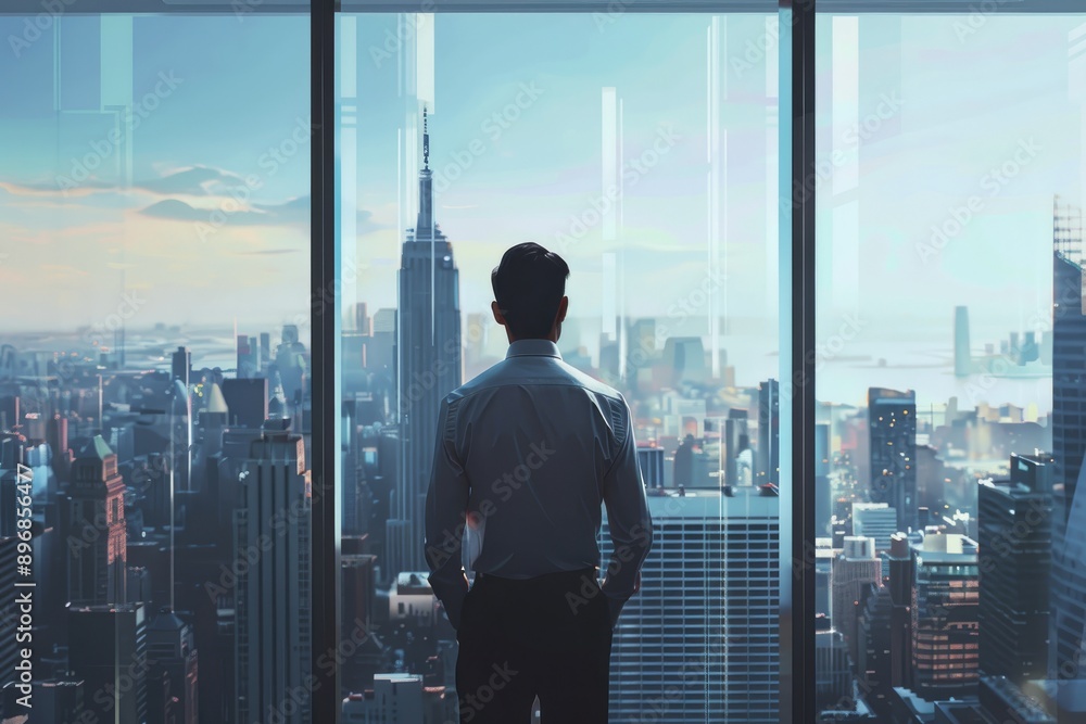 Man Looking Out Window at Cityscape Man Looking Out Window at Cityscape