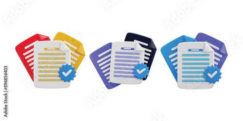 Document icon on paper approved icon set 3d render
