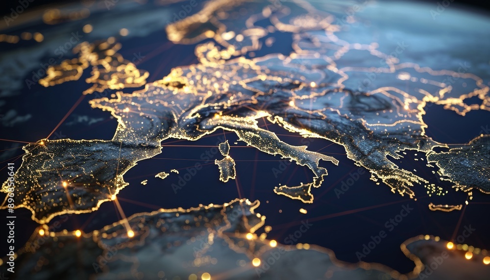 Fototapeta premium Global Communication Illustrated by Digital Network Connections on Stylized Map, EU