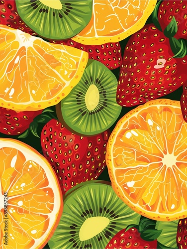  A pattern featuring a variety of fresh fruits like oranges, kiwis, and strawberries in vibrant colors, perfect for a juicy and tropical design. photo