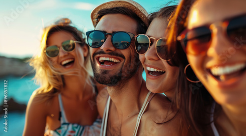 carefree outdoor amusement with three friends, showcasing a curly-haired female in shades, bearded gentlemen, and a serene green environment with bokeh.