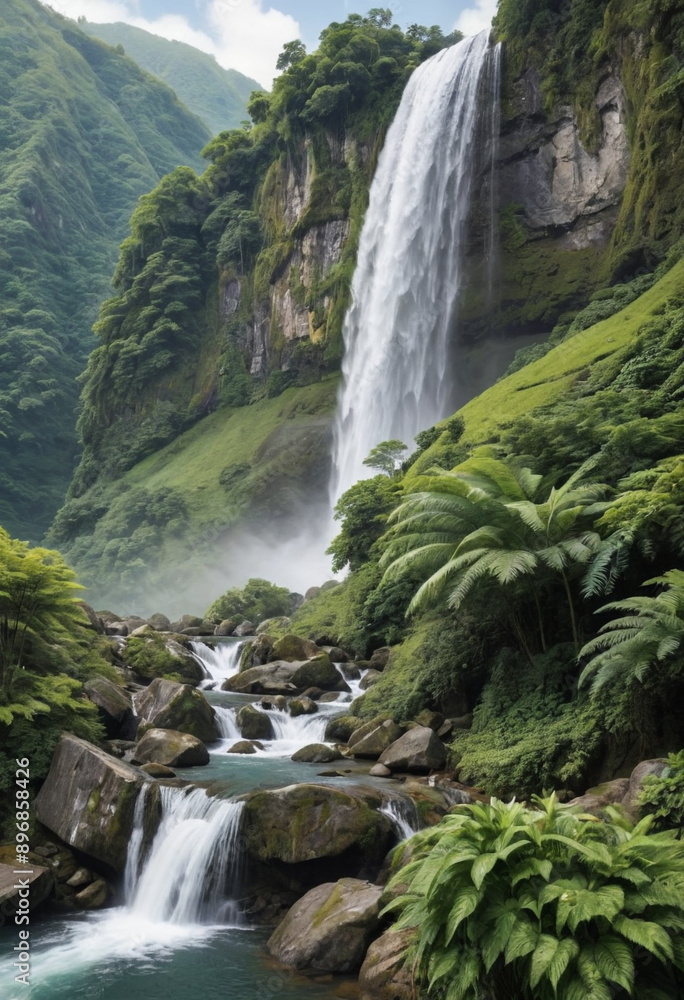 Fototapeta premium A majestic waterfall cascading down a lush mountainside. 